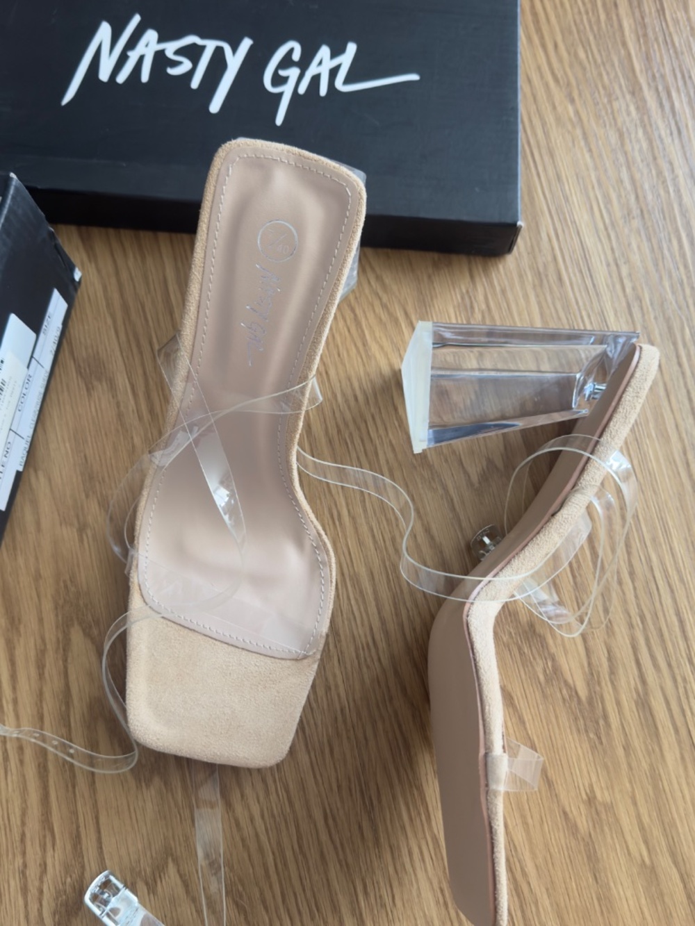 Nasty Gal Clear Nude Chunky Square Toe Heels Size 9 Faux Leather Block